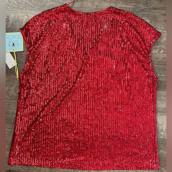CeCe Sequined V-Neck Cap-Sleeve Red Blouse-Size Large - Picture 2 of 7